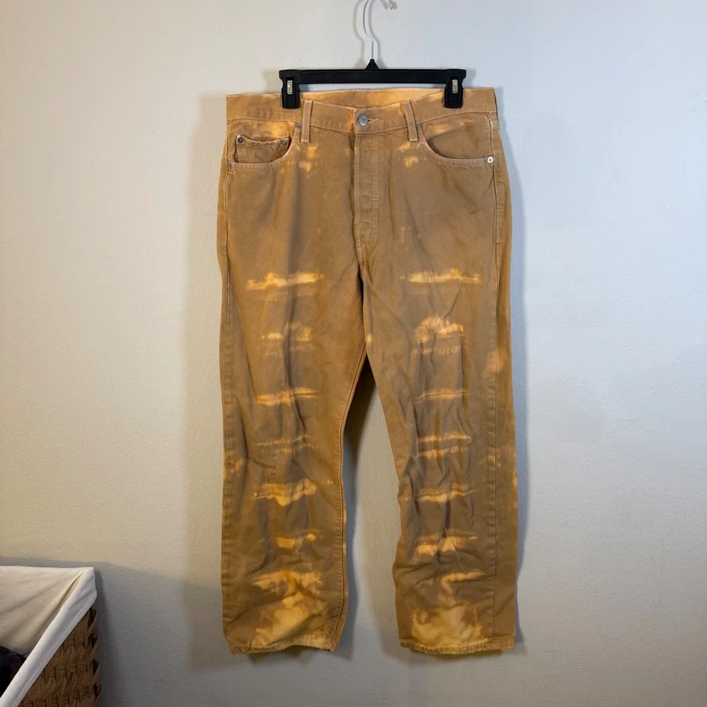 Levis 501 Original Fit Jeans Mens 36x30 Tan Brown‎ Bleach Wash Custom Distressed